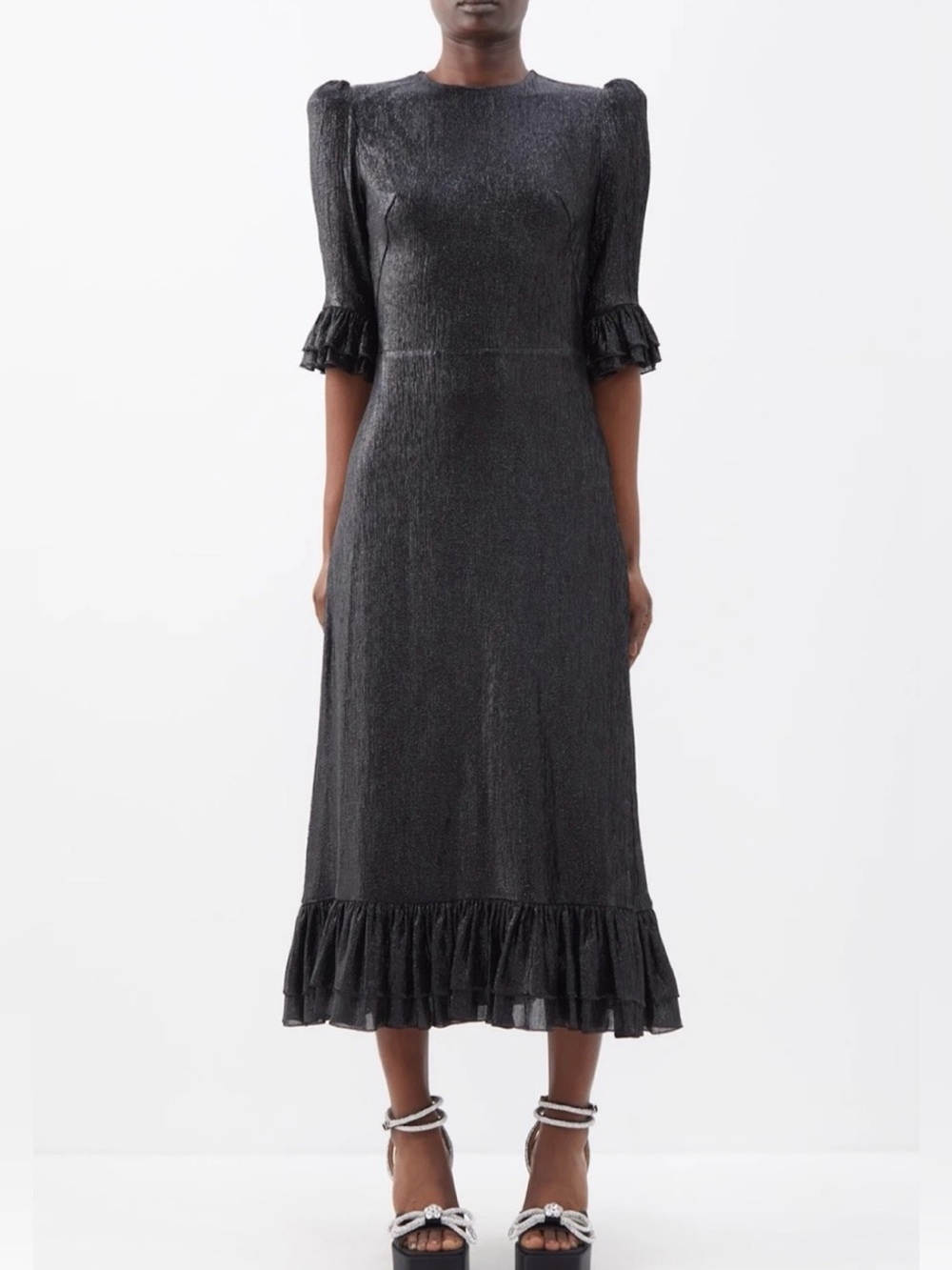 Women's Metallic Black Midi Dress with Ruffle Sleeves